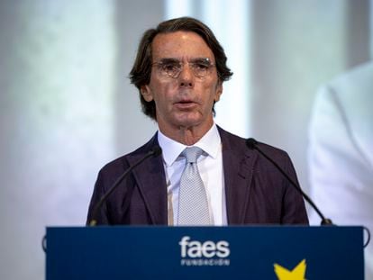 El expresidente del Gobierno José María Aznar interviene en la inauguración del Campus FAES 2023, este martes en Madrid.