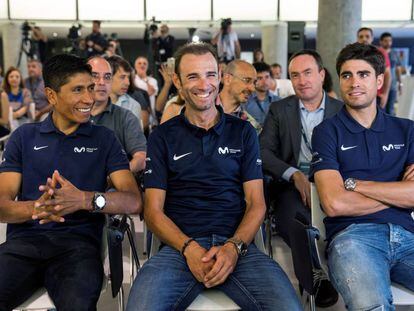 Nairo, Valverde y Landa, el lunes, en la sede de Telefónica.