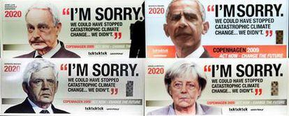 Greenpeace muestra a Zapatero, Obama, Gordon Brown y Angela Merkel en 2020 con un mensaje: "Lo siento. Pudimos detener el catastrófico cambio climático... No, no lo hicimos".
