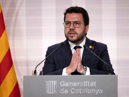 El presidente de la Generalitat, Pere Aragonès, da una rueda de prensa tras presidir el martes 1 de agosto la reunión semanal del Govern.