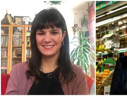 A la izquierda, Sonia Alonso, creadora de la aplicación '¿Tienes sal?' durante el confinamiento. A la derecha, en mayo de 2019 en el Mercado de Chamberí retratada por Julián Rojas