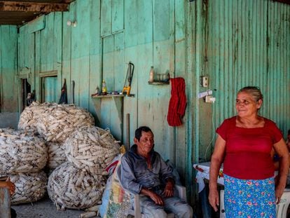 Ana Isolina Esquivel y Anselmo Ramírez, en su casa de la comunidad guatemalteca de Sebol, Izabal, aún con la marca del agua de los huracanes 'Eta' y 'Iota'.
