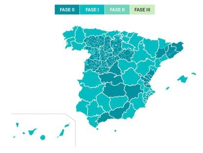 Mapa de la desescalada en España. Las zonas marcadas con azul más oscuro seguirán en la fase 0 el 11 de mayo