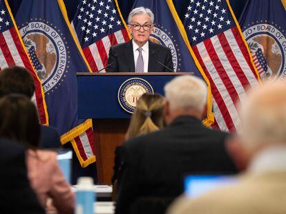 El presidente de la Reserva Federal, Jerome Powell, durante una conferencia de prensa en mayo.