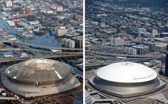 El Superdome de Nueva Orleans, en agosto de 2005 y ahora.