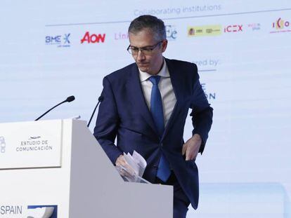 El gobernador del Banco de España, Pablo Hernández de Cos, durante su intervención en el Spain Investors Day.