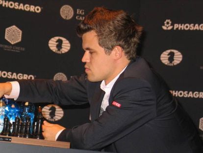 Magnus Carlsen durante el último Mundial, Nueva York 2016