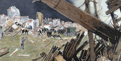 Grabado del siglo XIX que muestra los daños casuados por el terremoto de Lisboa en 1755. 