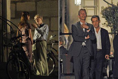 Woody Allen da órdenes a Carla Bruni en una calle de París. A la derecha, Nicolas Sarkozy, que asistió al rodaje de su esposa en la madrugada de ayer.