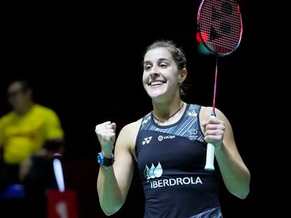 Carolina Marín celebra su triunfo en la semifinal del Masters de Indonesia.
