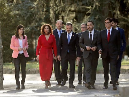 Miembros del Gobierno y de la Generalitat en la Moncloa este miércoles.