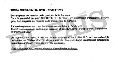 Documento interno de la Banca Privada d'Andorra (BPA) del departamento de compliance (cumplimiento) que menciona la cuenta bancaria de los padres del exprimer ministro de Presidencia de Panamá Demetrio Papadimitriu.