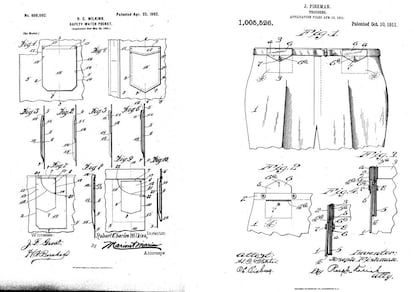 A la izquierda, bolsillo para reloj en un pantalçon (hasta entonces aparecía en los chalecos o en la pechera en los pètos de trabajo), de Robert C. Wilkins (1901). A la derecha, una versión del bolsillo con seguro, de Joseph Fishman (1911) |