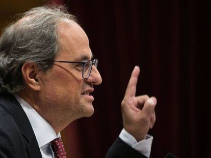 El presidente de la Generalitat, Quim Torra, durante su intervención en el debate de política general del Parlament