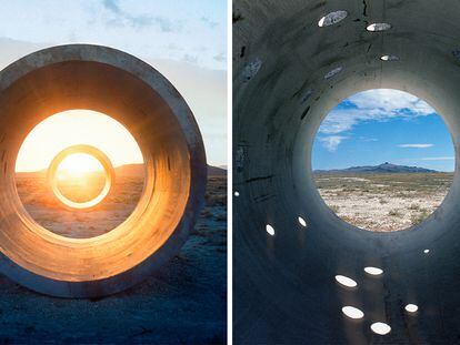 Dos de los 'Sun Tunnels' (1973-76), la instalación de Nancy Holt en el desierto de Utah que encapsulaba el sol al amanecer y en el atardecer.