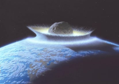 Conceptualización del artista Don Davis de un impacto de asteroide en la superficie de la Tierra.