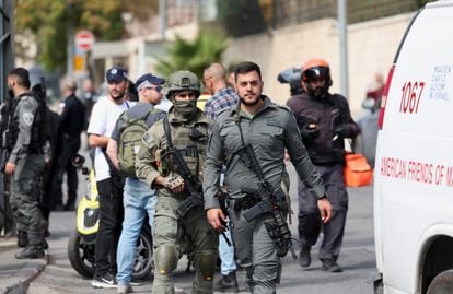 Israeli security personnel secure the scene following an incident in Jerusalem