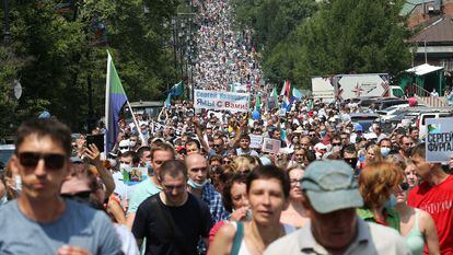 Protesta en apoyo al gobernador de Jabárovsk Krai, Serguéi Furgal, este sábado en la ciudad de Jabárovsk.