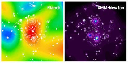 Cúmulo de galaxias observado por el telescopio <i>Planck</i> (izquierda) y confirmado por el <i>XMM-Newton</i>.
