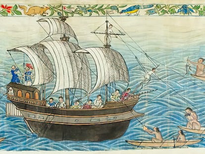 Llegada de un galeón español a las islas de los Ladrones (hoy Marianas). El dibujo pertenece al 'Códice Boxer', circa 1590.