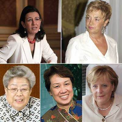 Arriba, Ana Patricia Botín, presidenta de Banesto (izquierda), y Rosalía Mera, cofundadora de Inditex. Y abajo, de izquierda a derecha,  Wu Yi (China), Ho Ching (Singapur) y  Angela Merkel (Alemania).