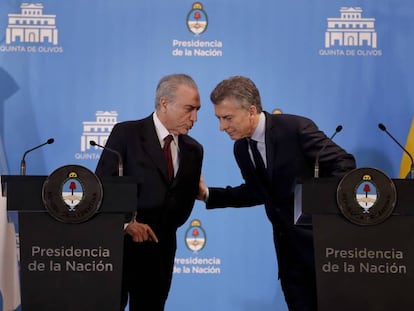 Los presidentes de Brasil y Argentina, Michel Temer y Mauricio Macri, respectivamente