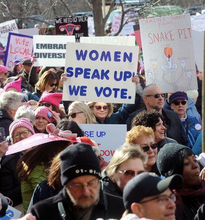 Cartel a favor de la mujer, en la manifestación de Nueva Jersey.