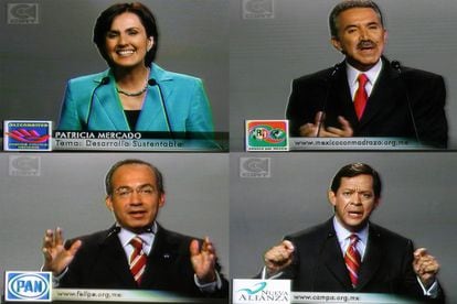 The split screen of the four candidates, without López Obrador, in the debate on April 25, 2006.