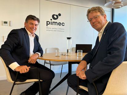 Antoni Cañete, presidente de Pimec y de la Plataforma Multisectorial contra la Morosidad, y Ferrán Bel, nuevo representante permanente de Pimec en Madrid.