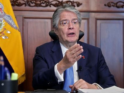 El presidente de Ecuador, Guillermo Lasso, este martes durante una comparecencia.