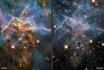 Dos pilares, de tres años luz de longitud, en que se están formando estrellas elegidas por los científicos del 'Hubble' para mostrar las observaciones que hacen en luz visible y en infrarrojo del mismo objeto celeste, obteniendo así imágenes complementarias del mismo