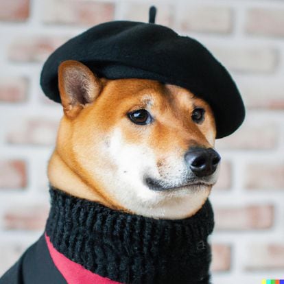 Shiba Inu wearing a black beret and turtleneck, an image generated by DALL·E 2. 
