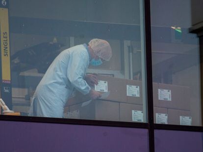 Una empleada manipula cajas en la planta de Pfizer en Puurs, Bélgica, a principios de diciembre.