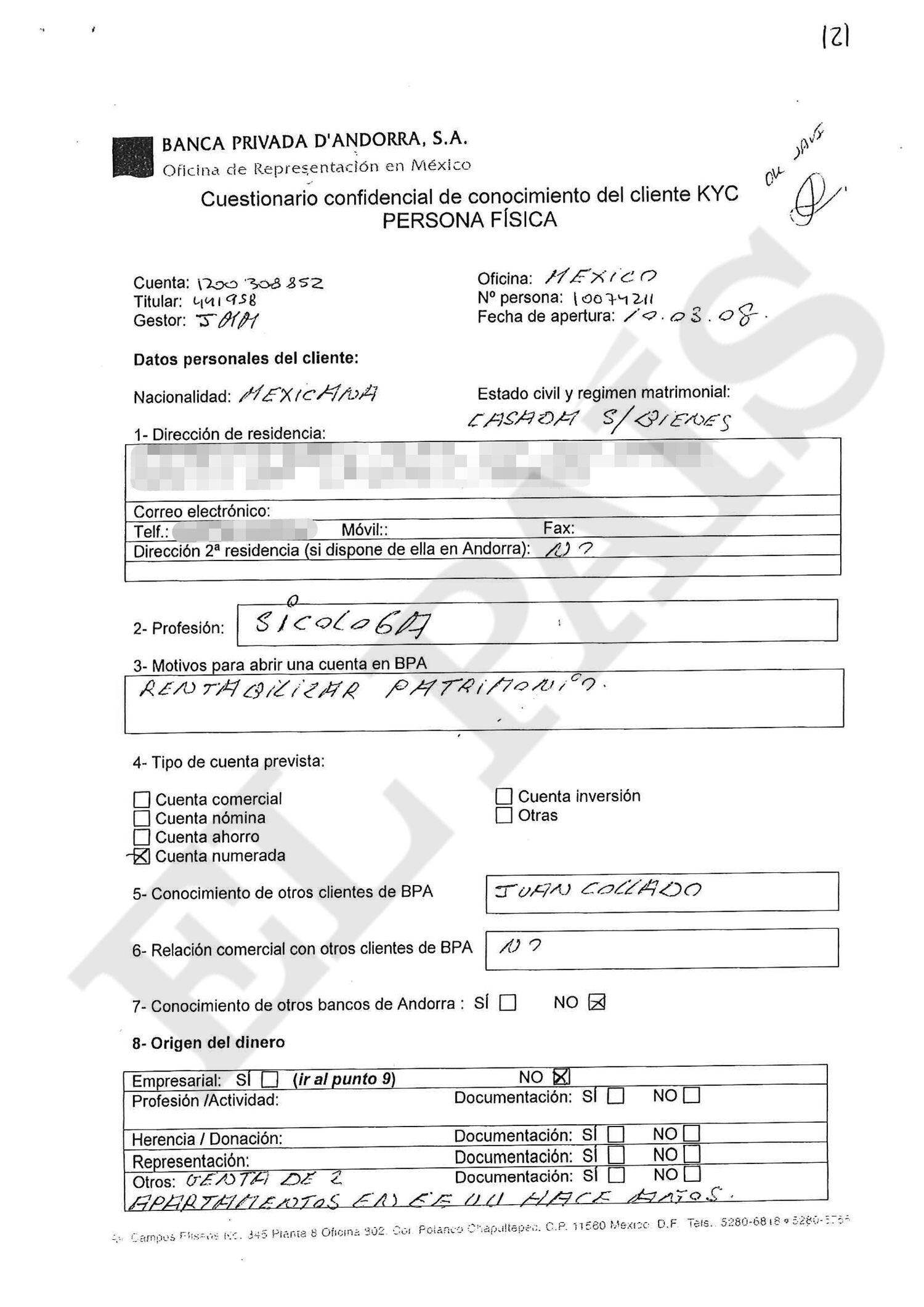 Documento know your client (conozca a su cliente, en inglés) que rellenó en la Banca Privada d'Andorra (BPA) para abrir su cuenta Sylvia Sánchez, esposa del expresidente del PRI Manlio Fabio Beltrones.