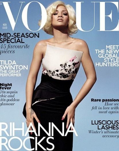El rubio platino y una media melena con volumen y ondas fue uno de los peinados más característicos de Marilyn Monroe. El mismo con el que apareció la cantante Rihanna en la portada de la edición británica de ‘Vogue’ en noviembre de 2011.
