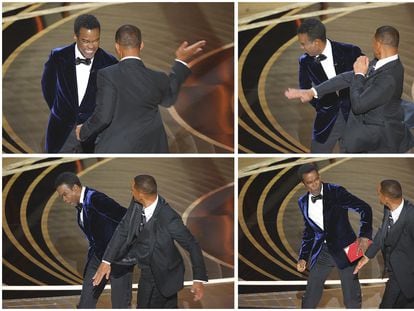 Will Smith sube al escenario para lanzar un guantazo a Chris Rock durante la 94ª gala de los Premios Oscar.
