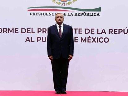 El presidente López Obrador, este domingo durante la presentación del informe.