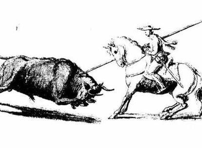 Imagen de un caballero rejoneador que intenta parar un toro, en un dibujo del siglo XVIII de Emmanuel de Witz.