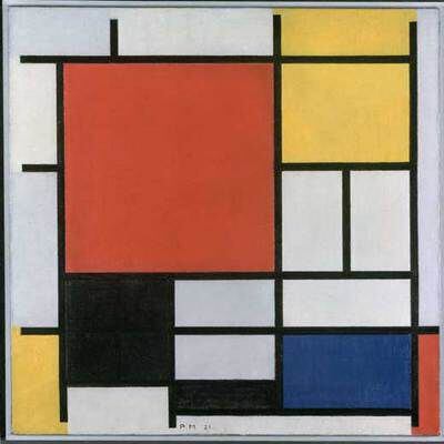 <i>Composición con plano rojo grande, amarillo, negro, gris y azul</i>, de Mondrian.