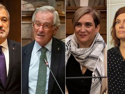 El alcalde de Barcelona, Jaume Collboni (izquierda), y Xavier Trias, Ada Colau y Elisenda Alamany, presidentes de los grupos municipales de Junts, Barcelona en comú y ERC.