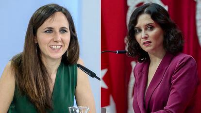 Combinación de imágenes de la ministra de Asuntos Sociales, Ione Belarra (izquierda) y la presidenta de la Comunidad Autónoma de Madrid, Isabel Díaz Ayuso.
