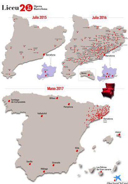Localizaciones del proyecto 'Liceu a la fresca' en 2015, 2016 y 2017.