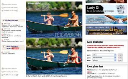 La web del diario 'L'Express' muestra la fotografía original de Reuters (abajo) y el retoque de la revista 'Paris-Match' del michelín del presidente francés, Nicolas Sarkozy, durante sus vacaciones de verano en EE UU.