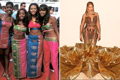 Beyoncé junto a las Destiny's Child en los 'Lady of Soul' Awards de 1998. A la derecha, el 'discreto' look que escogió la artista para la Wearable Art Gala de mediados de marzo.