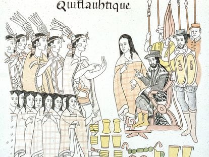 La intérprete Malintzin, entre Hernán Cortés y los señores de Tlaxcala, en una ilustración del 'Códice de Tlaxcala'.