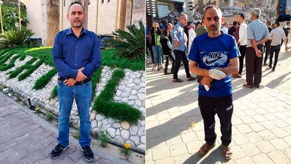 Palestinian Riad Eshkumat, who lost his wife and four children in an Israeli bombardment, in an image from May 21, 2021 (right) and in another a year later.