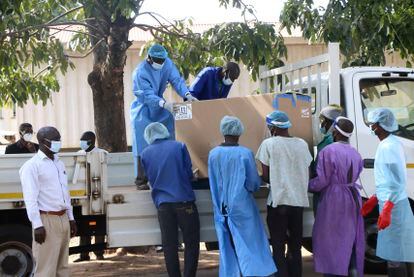 Un grupo de personas con un lote de vacunas para ser destruidas, el 19 de mayo en Lilongüe (Malaui).