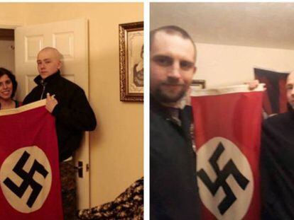 Adam Thomas y Claudia Patatas, con la bandera nazi y un traje del Ku Klux Klan, con su hijo y Darren Flecher, un compañero neonazi.