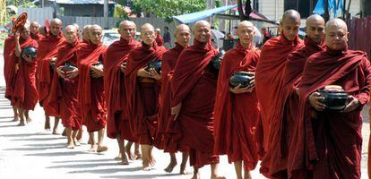 Un grupo de monjes budistas recorre las calles de Yangón