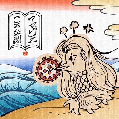 En la imagen, el Amabie de Masayoshi Murai: “Mi ilustración incluye mi deseo de que el coronavirus sea erradicado. Amabie apareció en el siglo XIX. Cuando su figura es mostrada a las personas, es posible salir de la enfermedad. Mi deseo es que todas las personas del mundo sean curadas”, dice.
